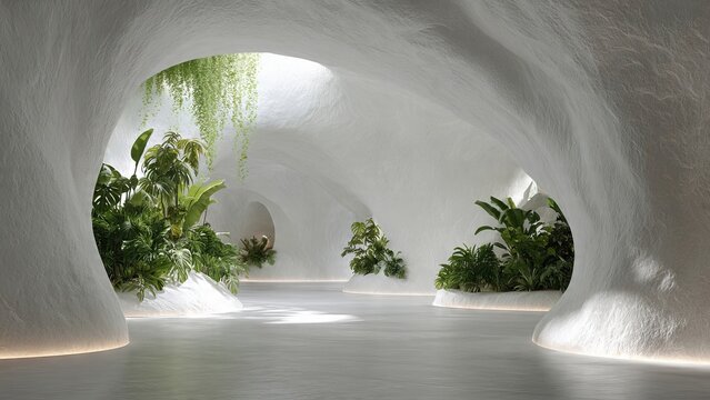 Wellness retreat in luxury minimalist curved stone cave atrium serene environment soft sunlight tranquil space for relaxation