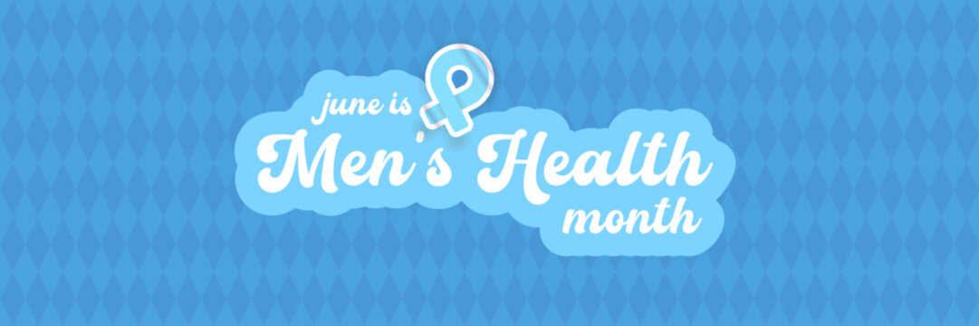 June Mens Health Month typography banner with light blue ribbon icon. Medical awareness campaign background for prostate cancer prevention, mens health wellness and healthcare poster design.