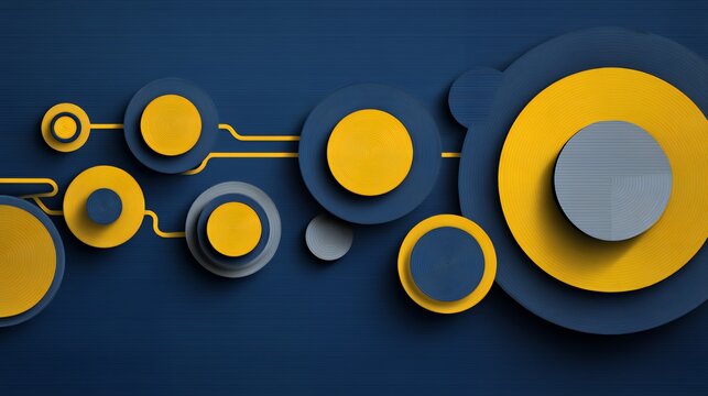 Futuristic abstract geometric network circuit background with overlapping yellow and blue textured circles and lines for tech