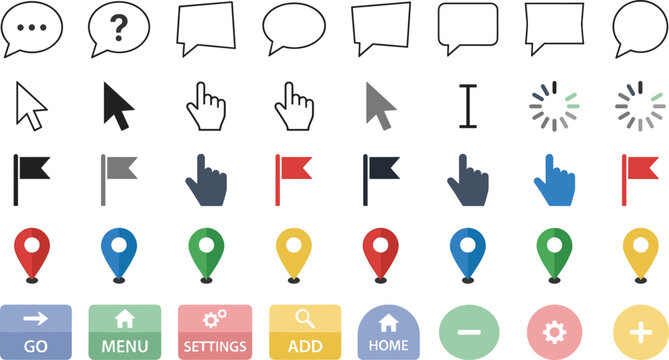 Set of Flat Vector Icons Featuring Speech Bubbles, Pointers, Hand Cursors, Flags, Map Pins, Buttons, and Interface Symbols for Web, App, and Digital Design Projects