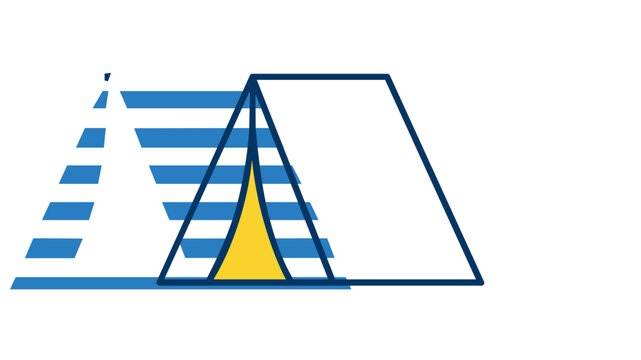 Colorful vector icon illustration of a blue and white striped beach tent or cabana with a yellow interior, ideal for summer vacation, travel, and outdoor leisure designs on white background.