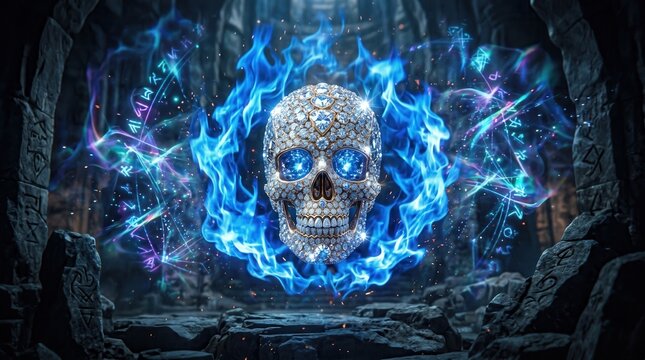 Enchanted skull surrounded by blue flames and magical orbs with 