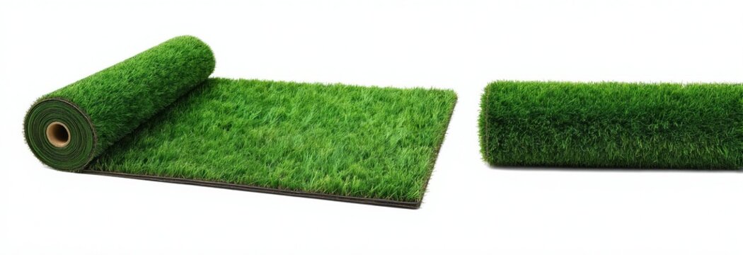 Two rolls artificial lawn rest on plain white backdrop. Green turf texture presents perfect ground cover option. Synthetic grass offers eco friendly flooring solution for gardens or sport areas.