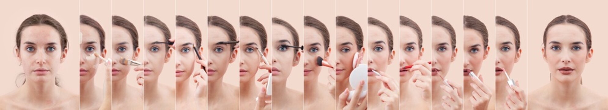 Step by step makeup tutorial montage of young woman applying cosmetics