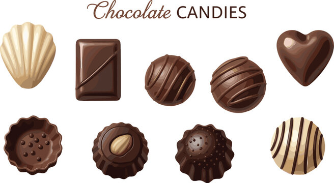 Realistic Chocolate Candies Icon Set with Dark Milk and White Chocolate Truffles, Heart, Shell, and Nut Varieties on White Background
