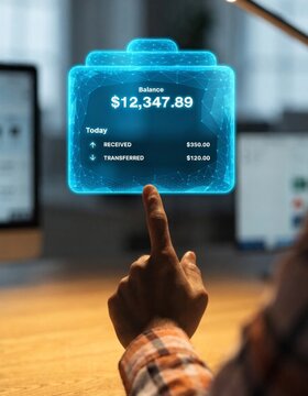 Digital wallet balance display interaction modern desktop interactive technology content bright environment close-up viewpoint e-wallet payment concept