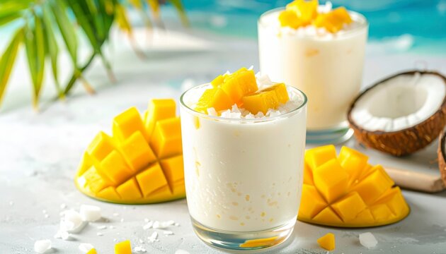 Creamy Coconut Milk Sago Dessert Garnished with Fresh Mango Slices