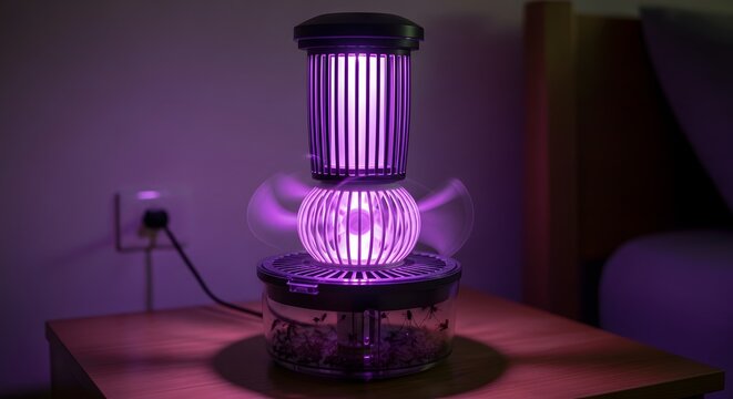 Electric insect killer lamp with glowing purple light attracting flying pests on a nightstand