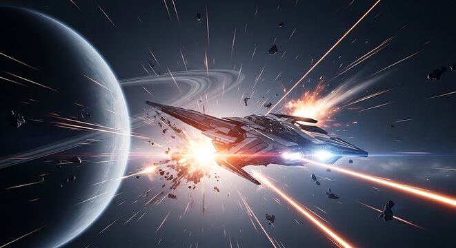 Space battle scene with planet and exploding spaceship