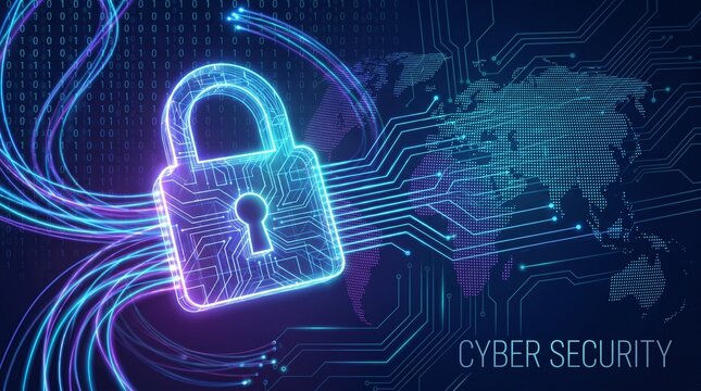 Abstract cyber security concept with a glowing neon digital padlock, binary code, and circuit lines over a digital world map background.