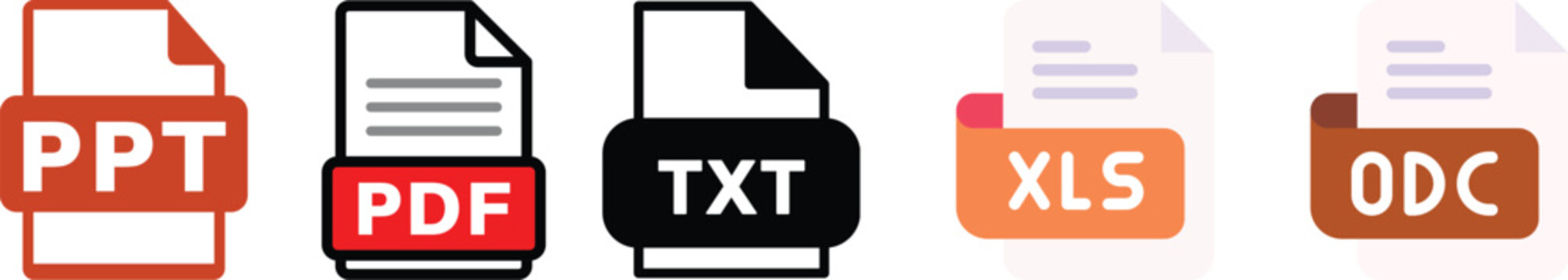 Document file format vector icons set featuring ppt doc pdf and txt types for digital data storage download and office paperwork management