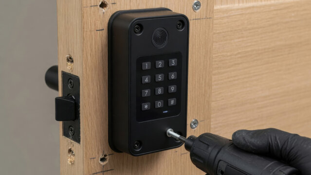 Technician using a power drill to install a modern smart keypad door lock with fingerprint access for enhanced residential security and keyless entry.