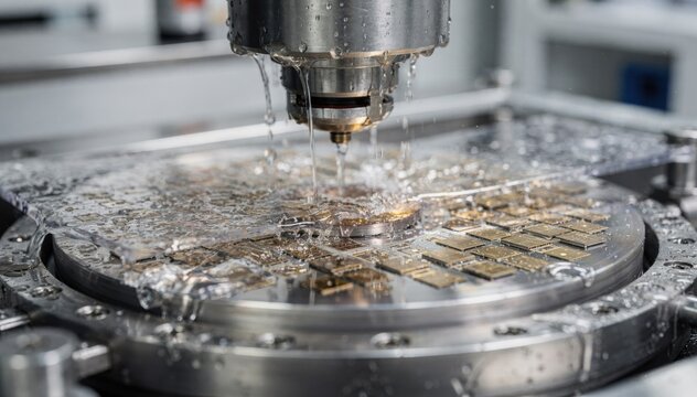 Wet cutting in a semiconductor facility with coolant flowing over saw blades as they dice silicon wafers highlighting smooth chip separation and dust control.