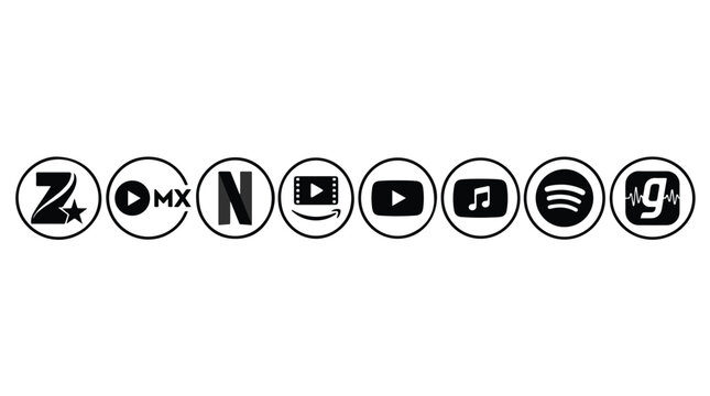 Popular streaming service icons set 2025 black & white. Netflix, YouTube, Spotify, Amazon Prime Video, MX Player, Zee5, YouTube Music, Gaana logo collection for digital UI UX web design elements icons