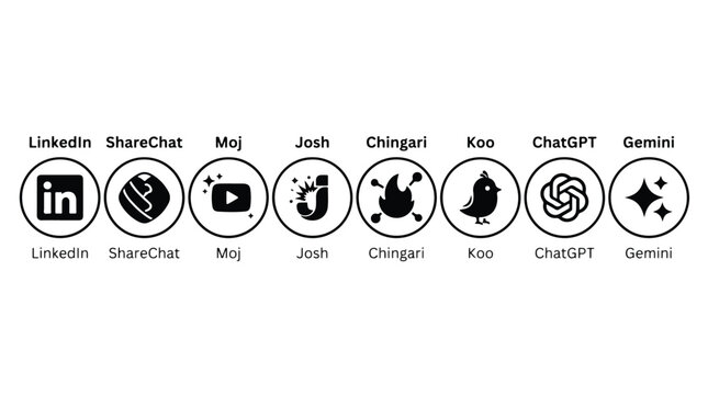 Popular social media and AI logos set 2025 black and white icons collection. LinkedIn, ShareChat, Moj, Josh, Chingari, Koo, ChatGPT, Gemini. Networking and artificial intelligence apps ui ux vector.