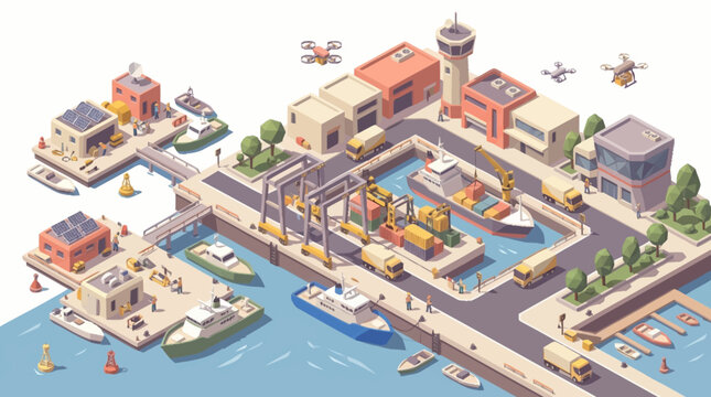 Isometric Port City with Boats and Drones.