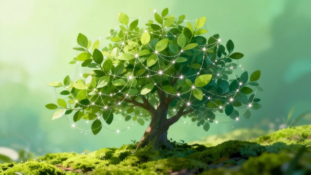 Tree with glowing lights in mossy area