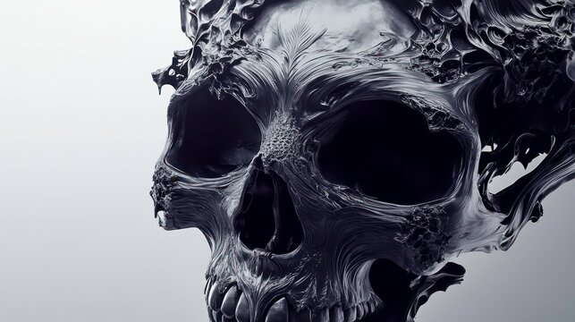 A 3D rendering of a human skull, with a textured, organic design on top.