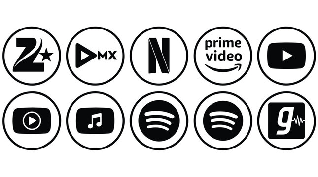 Popular streaming service icons set black and white circle OTT platforms logo collection: Netflix, Amazon Prime Video, YouTube, Spotify, Zee5, MX Player, Gaana, Music and Video UI design elements