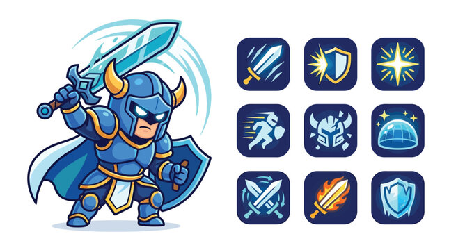 Vector illustration of a cute chibi blue armored knight character with a large glowing sword and shield, featuring a set of nine game ability icons for mobile RPG interface design.