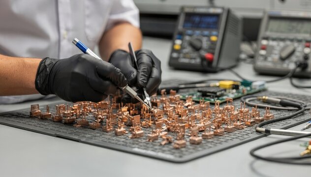 Medium shot of an operator adjusting copper shunt resistors on a workbench highlighting detailed fabrication steps to ensure exact electrical resistance for precise current