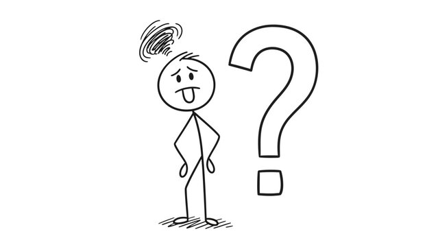 Stick Figure Person with Tongue Sticking Out Next to Question Mark, Expressing Mild Confusion or Playful Perplexity, isolated white background.