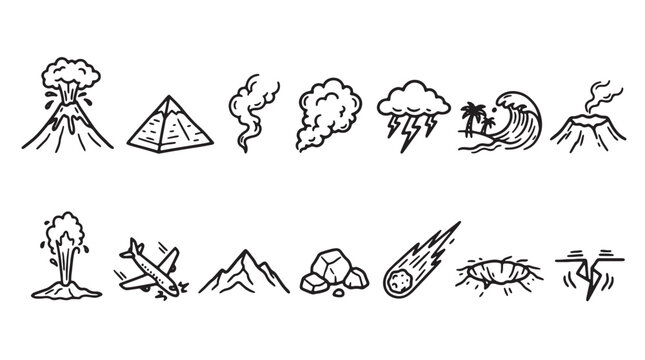 Disaster icons, natural catastrophe symbols, emergency signs, 13 vector graphics