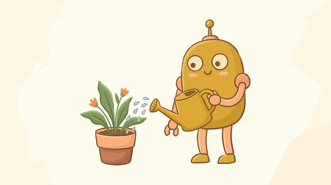 Cute golden robot watering a green potted plant with orange flowers using a matching watering can, hand-drawn vector illustration on a textured beige background, eco-friendly technology.