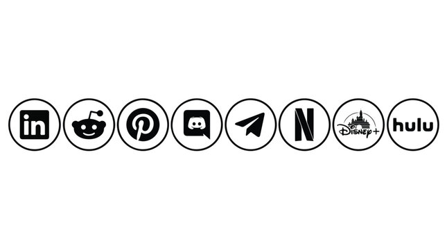 Popular social media and streaming service icons 2024 set. Black and white circular logos for LinkedIn, Reddit, Pinterest, Discord, Telegram, Netflix, Disney+, Hulu. Web UI interface elements.