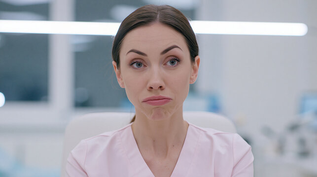 Funny awkward expression of a young female cosmetologist or nurse in a medical clinic. Concept of an awkward consultation, oops reaction, or skeptical doctor
