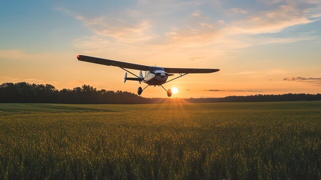 A small airplane flies low over a field of green grass at sunset. The sun is setting behind the plane, casting a warm glow on the scene.