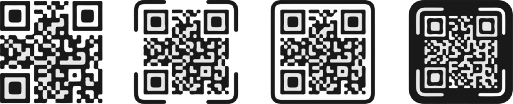 four black and white qr code icons set with square alignment markers flat pixel pattern style for mobile scanning digital payment website link contactless access and modern technology on white backgro