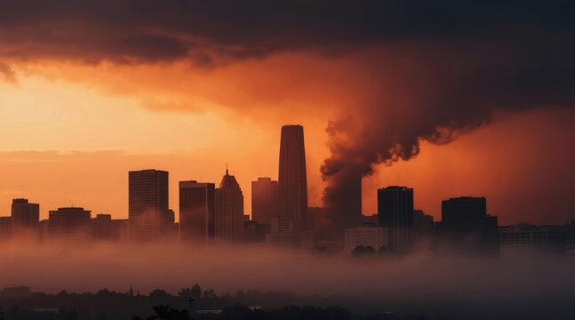 City skyline obscured by thick orange smog and dust clouds. Tall buildings rise above fog near urban landscape. Atmosphere is dark, polluted, and apocalyptic.