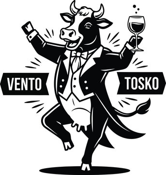 Dancing bull in tuxedo holding wine glass, vento tosko