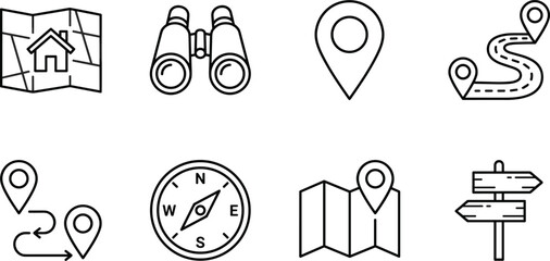 Set of navigation and travel icons including maps compass binoculars and location markers on a white background © MSTSULTANA