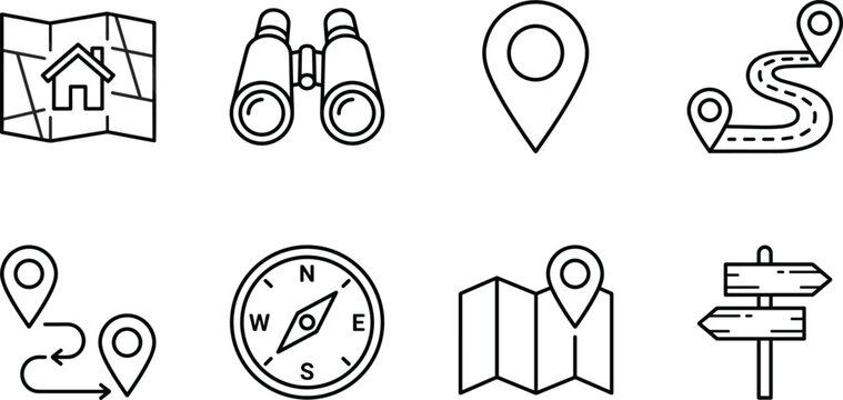 Set of navigation and travel icons including maps compass binoculars and location markers on a white background