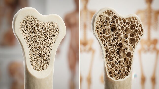 Side-by-side comparison of healthy dense bone and osteoporotic porous bone.