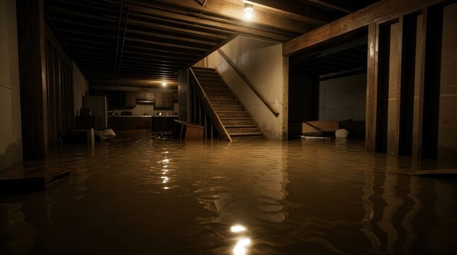 Flooded basement showing extensive water damage and the need for waterproofing solutions.