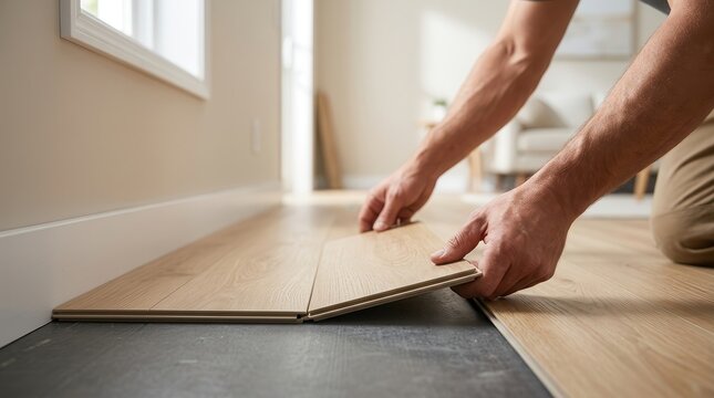 Hand installing wood-look LVP flooring plank in a bright room for home renovation.