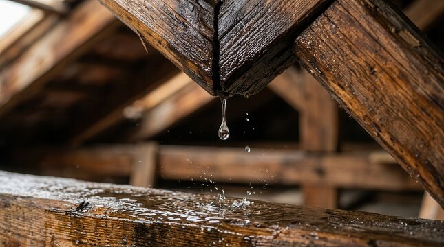 Water dripping from a leaky roof underlayment onto a wooden rafter.