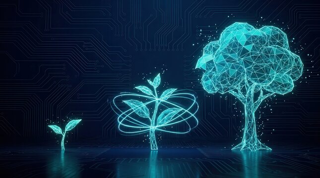 Digital wireframe of a sprout, growing plant, and flourishing tree representing business transformation.