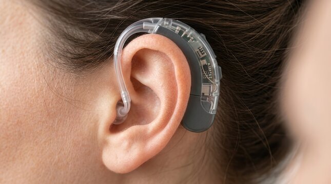 Close-up of a behind-the-ear cochlear implant processor used during an audiology evaluation.