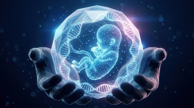 A hand holding a glowing embryo inside a protective sphere for prenatal DNA analysis.