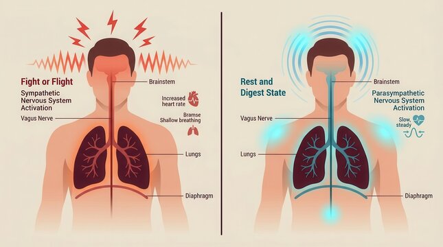 An illustration comparing fight or flight response versus rest and digest response showing vagus nerve activation.