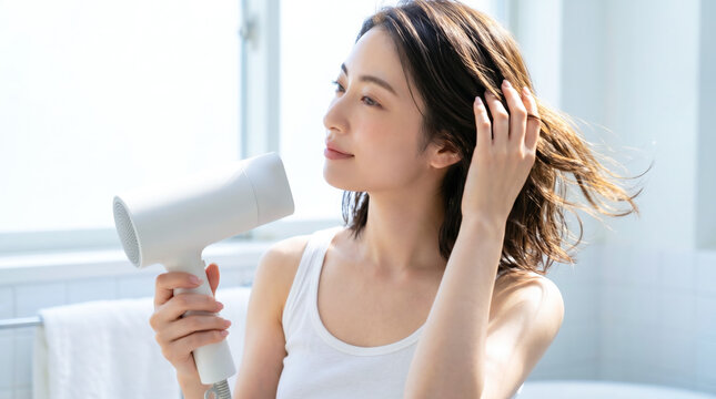ドライヤーで髪を乾かす若い女性 ヘアケア