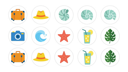 Fototapeta premium Summer Vacation Icons: A delightful collection of stylized icons representing the essential elements of a summer holiday, including luggage, hats, seashells, cameras, waves, starfish.
