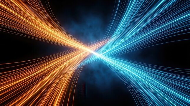 Converging orange and blue light beams symbolizing change management and transition.