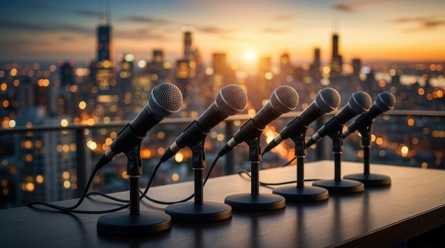Multiple microphones set up on a table for a press conference against a cityscape background.