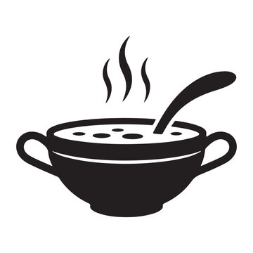 Black silhouette of a bowl of soup with steam and ladle silhouette