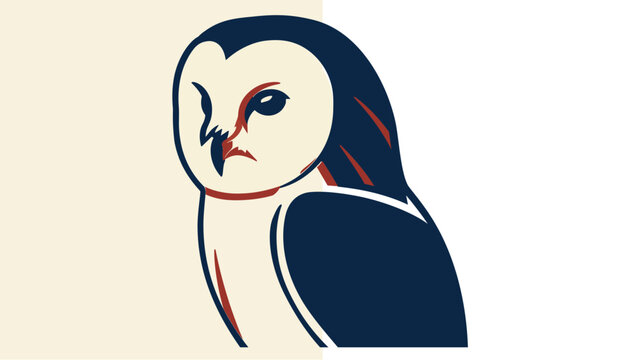 Vivid vector icon illustration of a majestic barn owlwith its signature heart-saped face, featuring bold avy blue and orange accent, ideal for nature, wildlie, and nocturnal bird of pey themes.